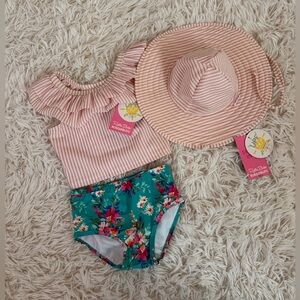 Ruffle Butts Pink and Green Kids Swim Rashguard Set HAT SIZE 0-12 MONTHS